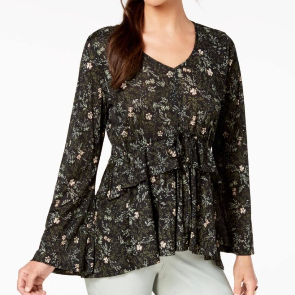 STYLE CO Black Mesh Floral Ruffle Blouse
